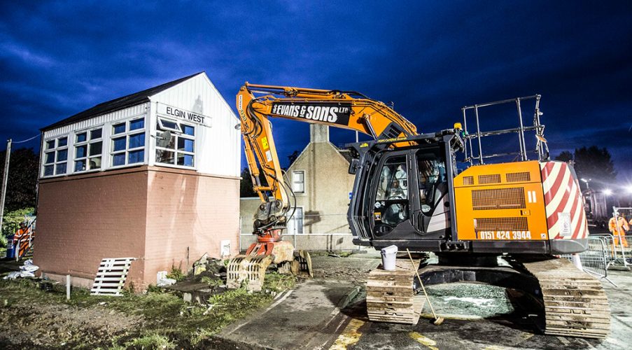 Demolition work begins on the Elgin West signal box as part of signal enhancements along the route