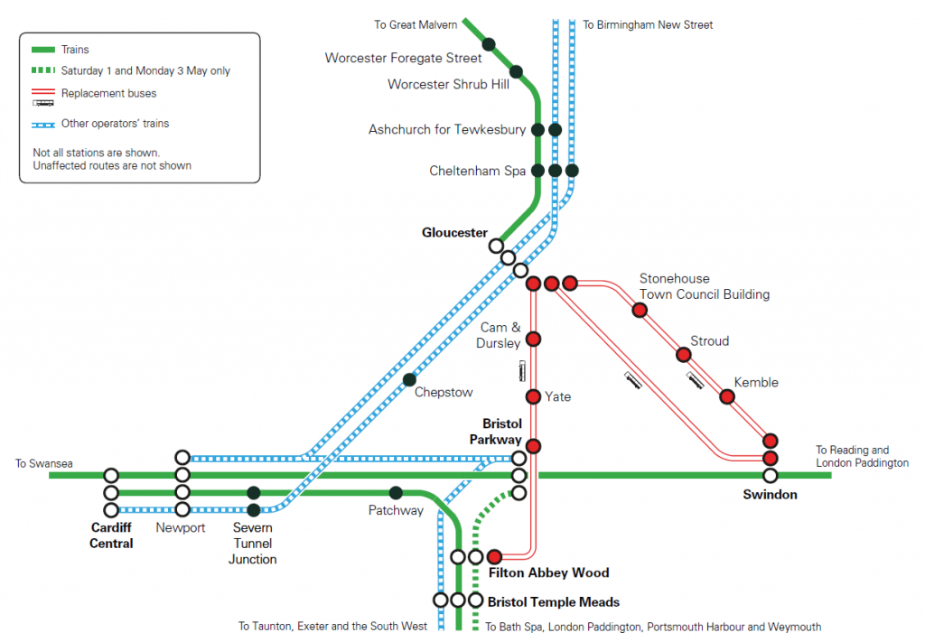 Route map of how rail services are affected in the Gloucester area from Saturday 1 to Monday 3 May 2021. Replacement buses between Bristol Temple Meads and Gloucester and between Swindon and Gloucester.