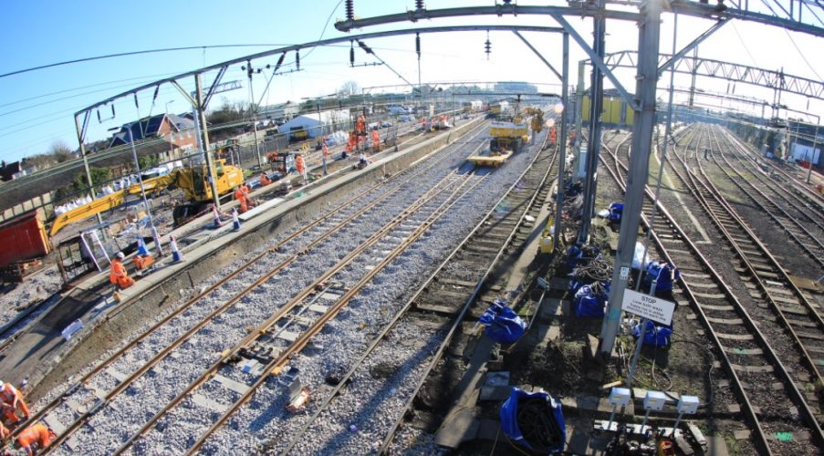 Landscape view of the Clacton resignalling project, including tracks and overhead line equipment structures
