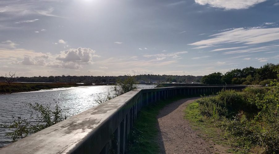 白天，萨顿胡步道上有一条小路沿着河边延伸